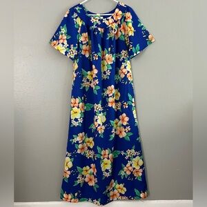 Vintage Blue Hibiscus Floral Hawaiian Maxi Dress Sz S Mumu Kaftan Made in Hawaii